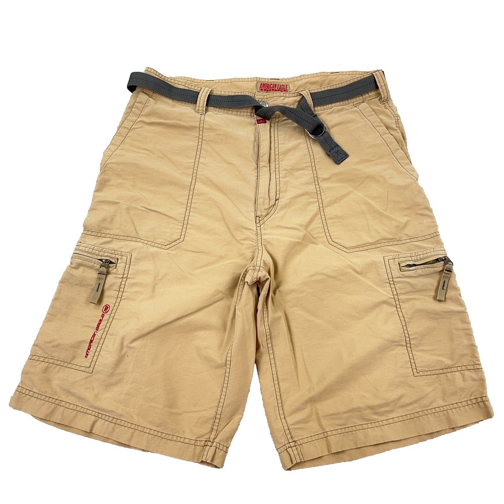 Vintage Y2K American Eagle‎ Cargo Shorts Men 34 Tan Khaki Tan Skate Baggy Belted